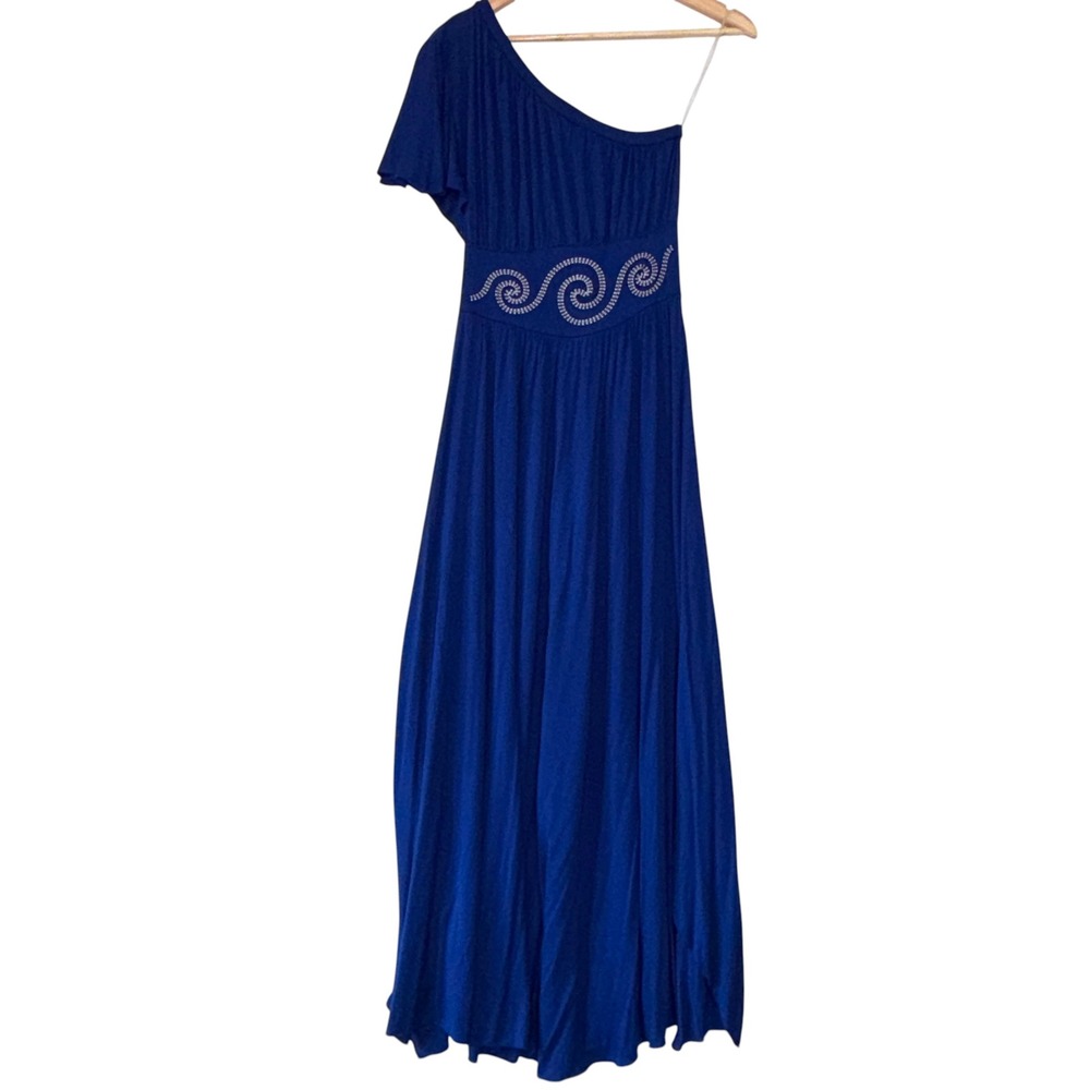 Dimitra Degleri One Shoulder Maxi Dress Womens Excellent Greek Key Blue Size 1 S